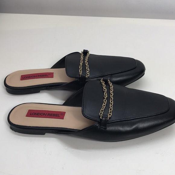 London Rebel Black Loafer SlipOns with Metal Chain European Size 37 US Size 6 - Picture 3 of 8